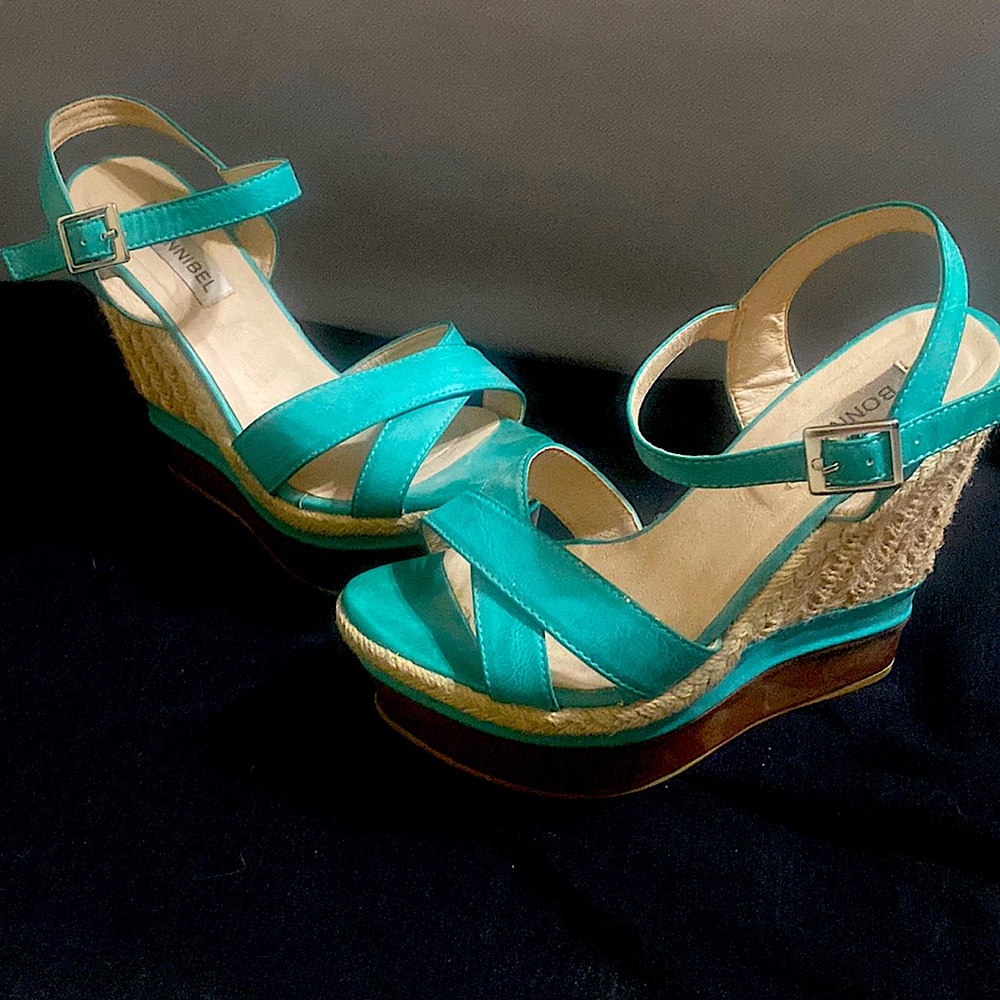 Only worn once turquoise wedges!